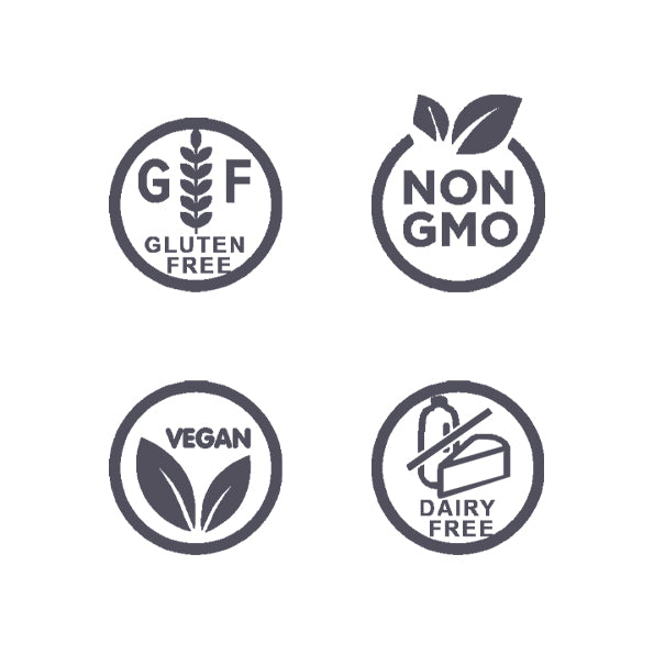 Set of green certification icons for gluten-free, non-GMO, vegan, and dairy-free on a white background.